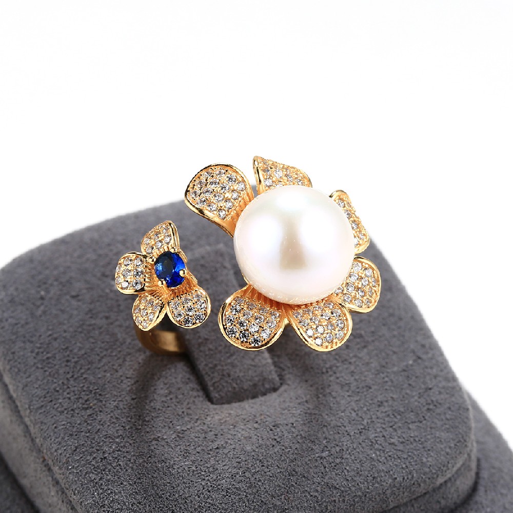 S925银花朵18k金淡水珍珠戒指