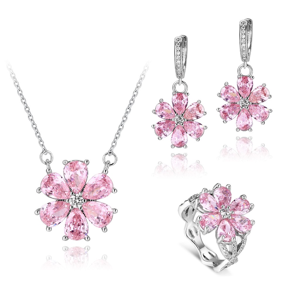 Pink Color Cubic Zirconia Flower Sterling Silver 925 Fine Jewelry Set for Ladies Women FM023007S