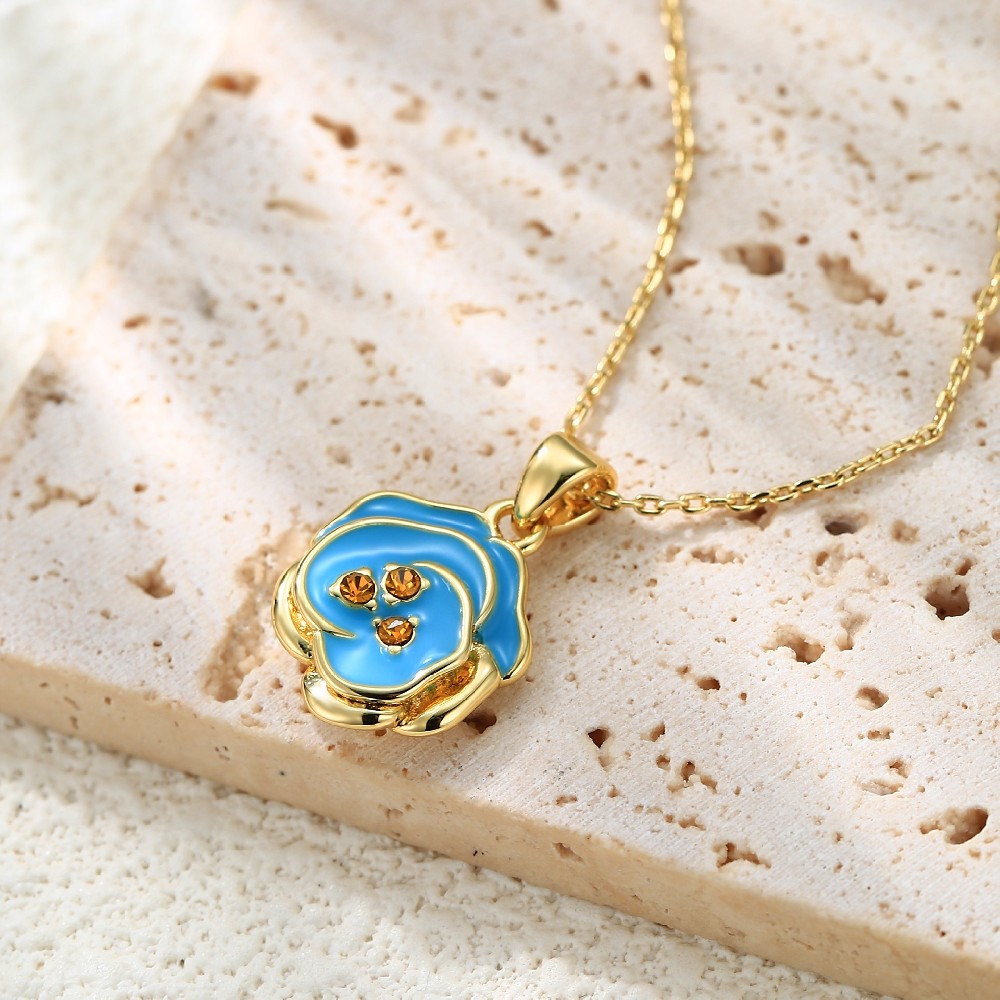 925 Silver Gold Plated Color Blue Enamel Flower Pendant Necklace FM022793N