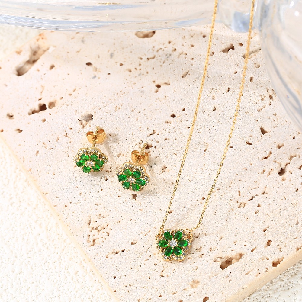 14K Gold Plated Green Zircon Flower Jewelry Set for Women FJ015648S