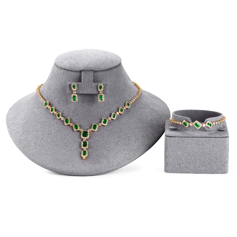 Gold Plated Green Stone with Zircon 3 Pieces Jewelry Set FJ006242S