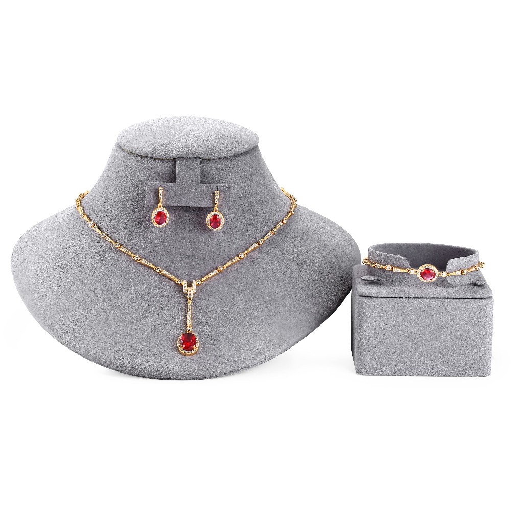 Gold Plated Cubic Zirconia Rose Color Stone Brass Earrings Necklace Jewelry Set FJ005387S