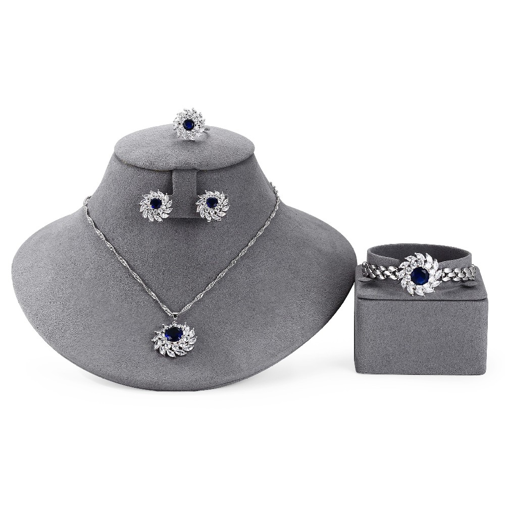 Fashion Rhodium Plated Zircon Blue Stone 4 Pieces Jewelry Set for Women