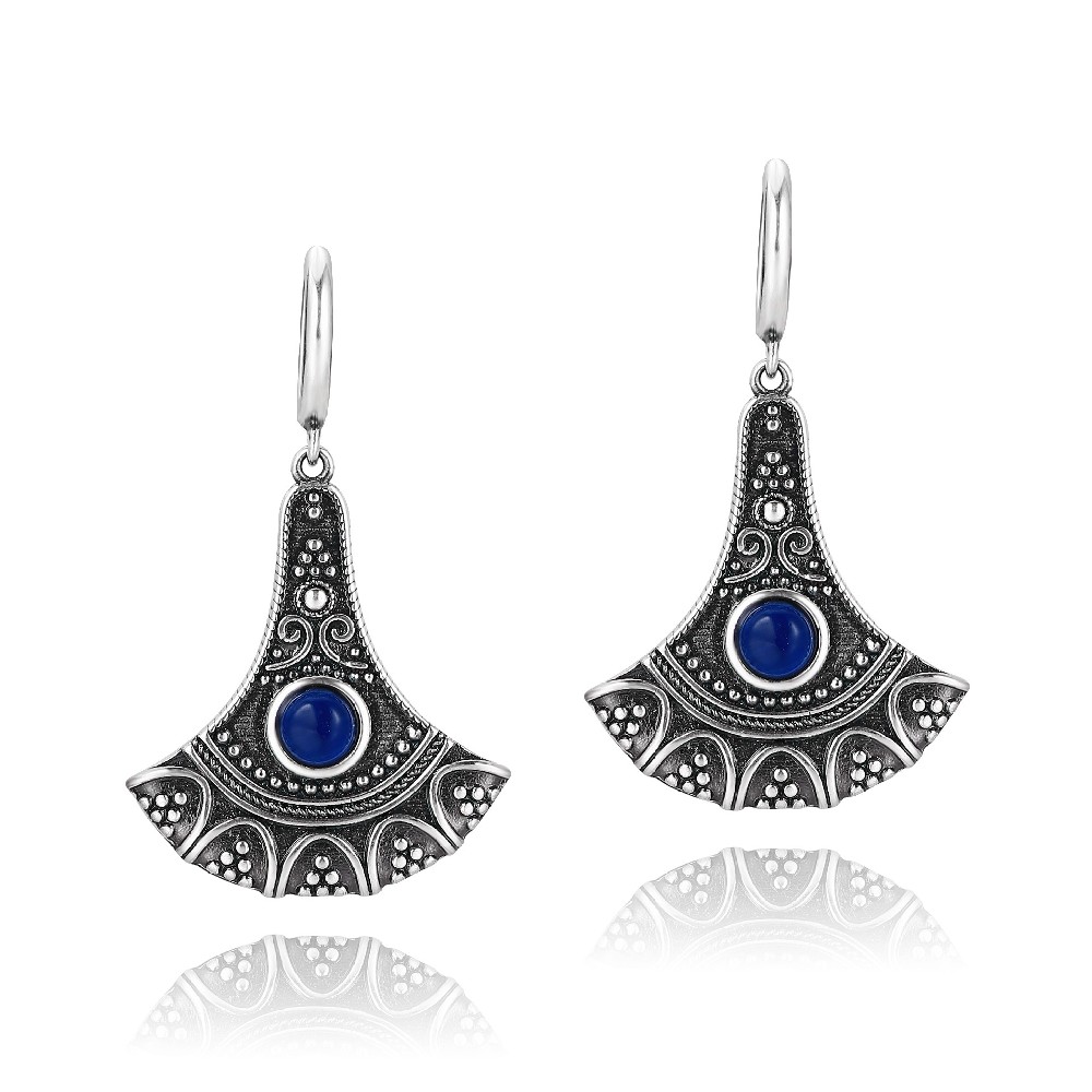 925 Sterling Thai Silver Vintage Blue Stone Kyanite Charm Hoop Earrings FM023003E