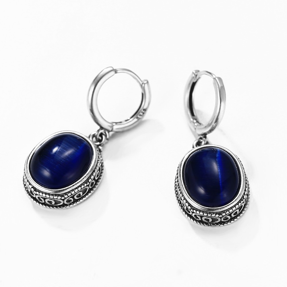 Fine Jewelry Thai Silver 925 Oval Shape Kyanite Navy Blue Stone Women's Hoop Earrings FM023004E