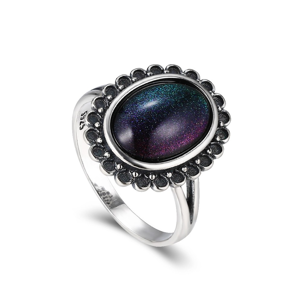 Thai Sterling Silver 925 Oval Blue Sand Stone Fine Jewelry Ring for Women FM022992R
