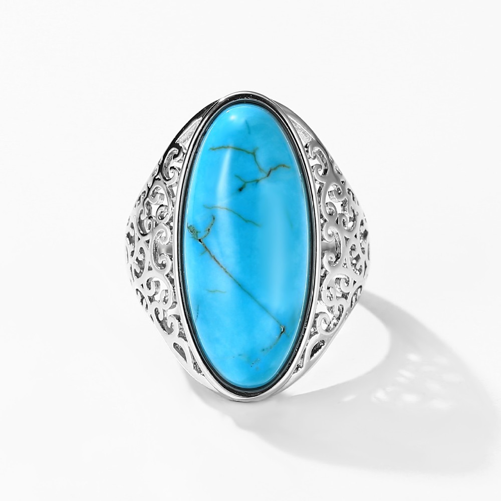 Women Fine Jewelry Oval Shape Blue Turquoise 925 Sterling Silver Ring FM022990R