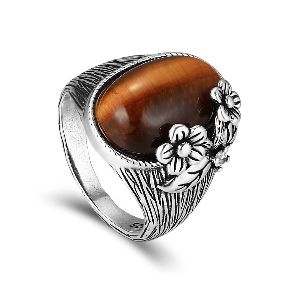Vintage Gemstone Tigerite 925 Thai Silver Flower Finger Ring for Women FM023001R