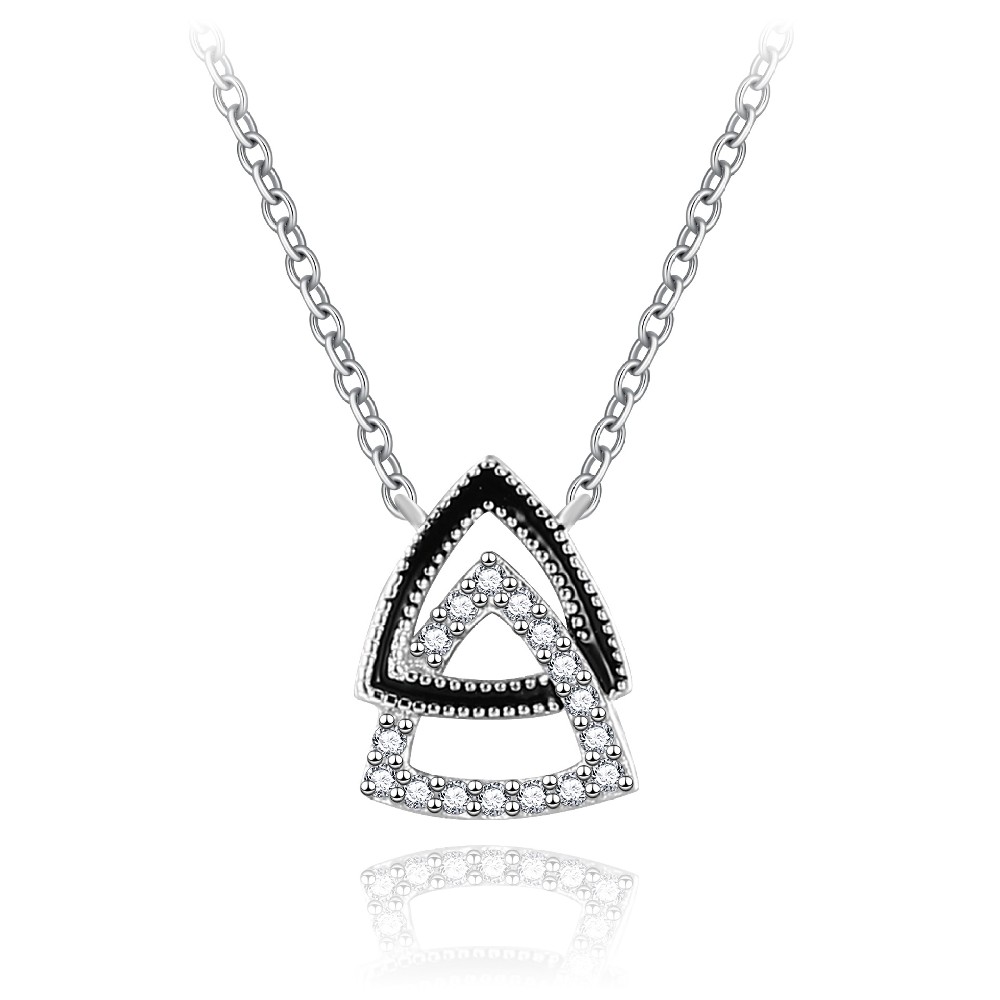 Rhodium Plated Black Enamel Geometric Triangle Pendant Necklace with Zircon FM022861N