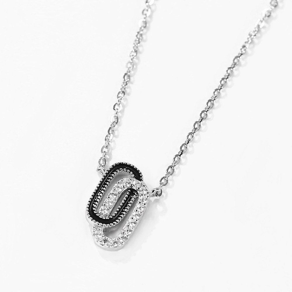 925 Sterling Silver Cubic Zirconia Black Enamel Necklace FM022865N