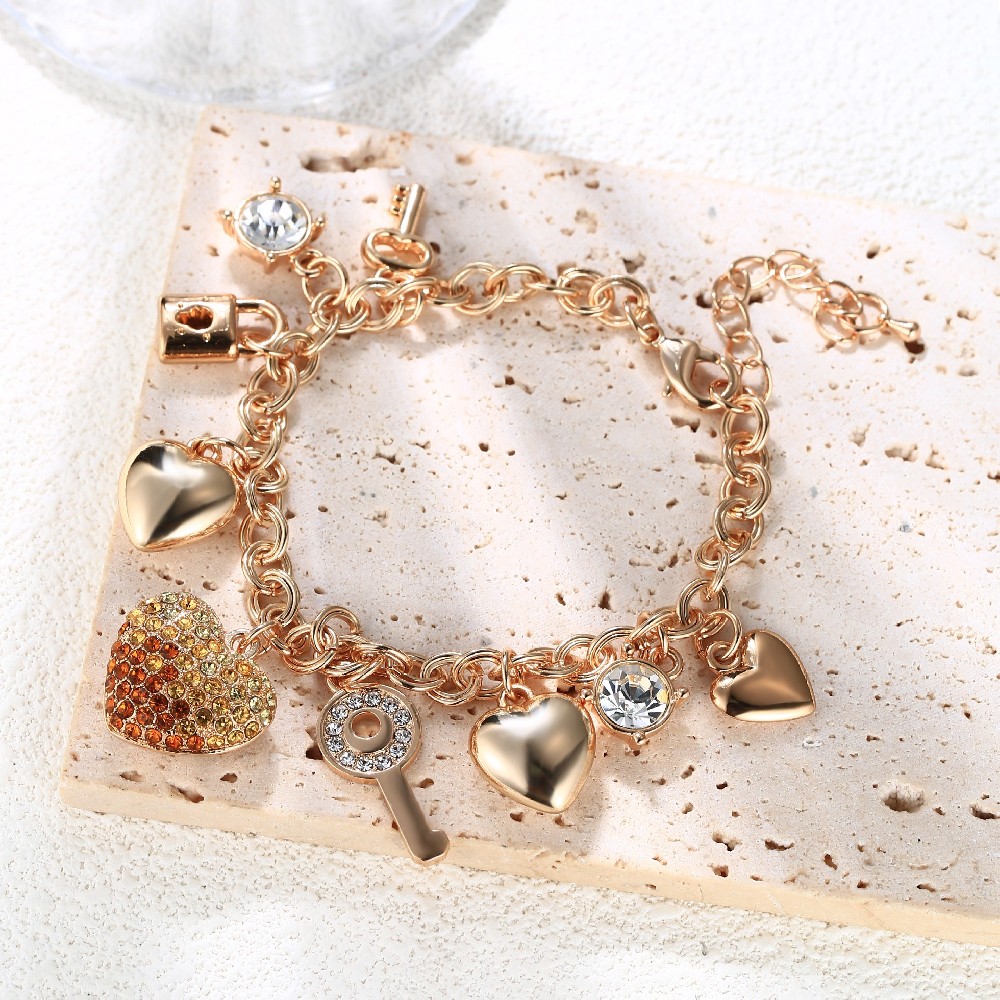 Casual Style Gold Plated Heart & Key Charm Bracelet for Women Ladies