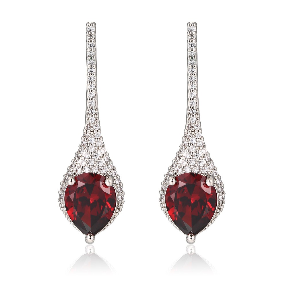 Rhodium Plated Zircon inlaid Red Stone Drop Earrings FJ026091E