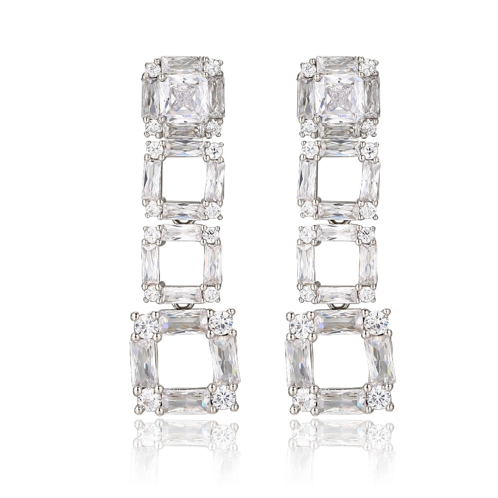 Rhodium Plated Baguette Cutting Zircon Dangle Earrings FJ026081E