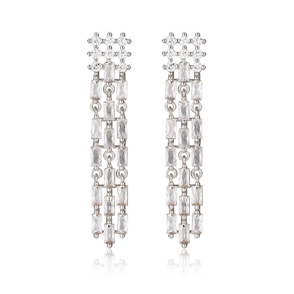 Silver Baguette Zircon Long Earrings FJ026086E