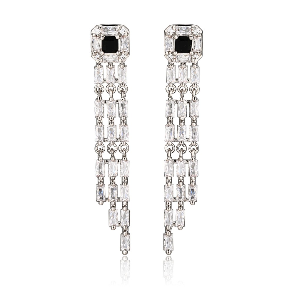 Black Stone Baguette Zircon Rhodium Plated Dangle Earrings for Women Ladies FJ026099E