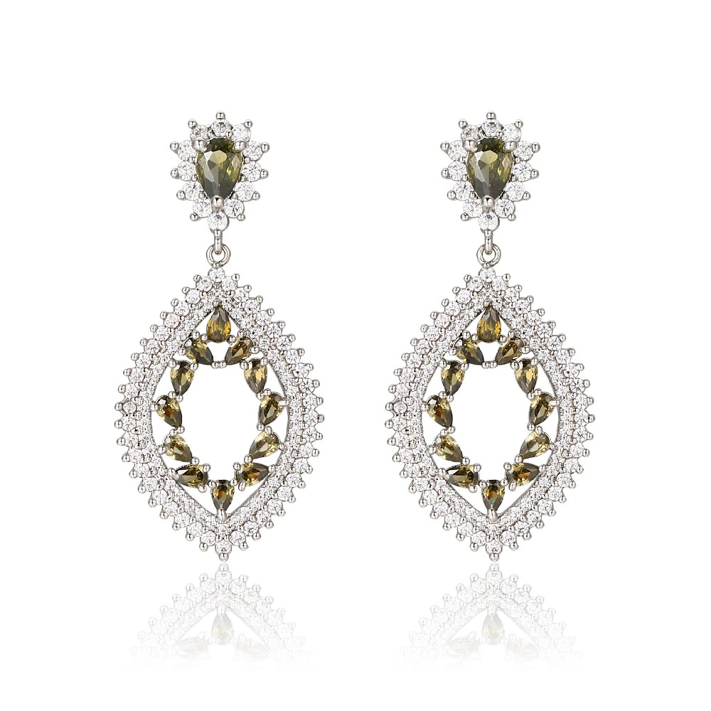 Olive Green Stone Zircon Inlaid 925 Silver Earrings FJ026103E