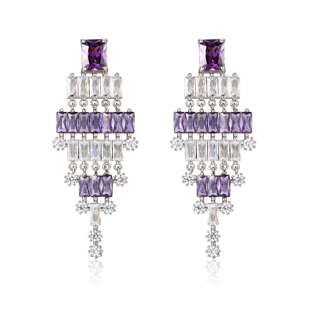 Silver 925 Baguette Cutting Zircon Long Earrings for Women Ladies FJ026088E