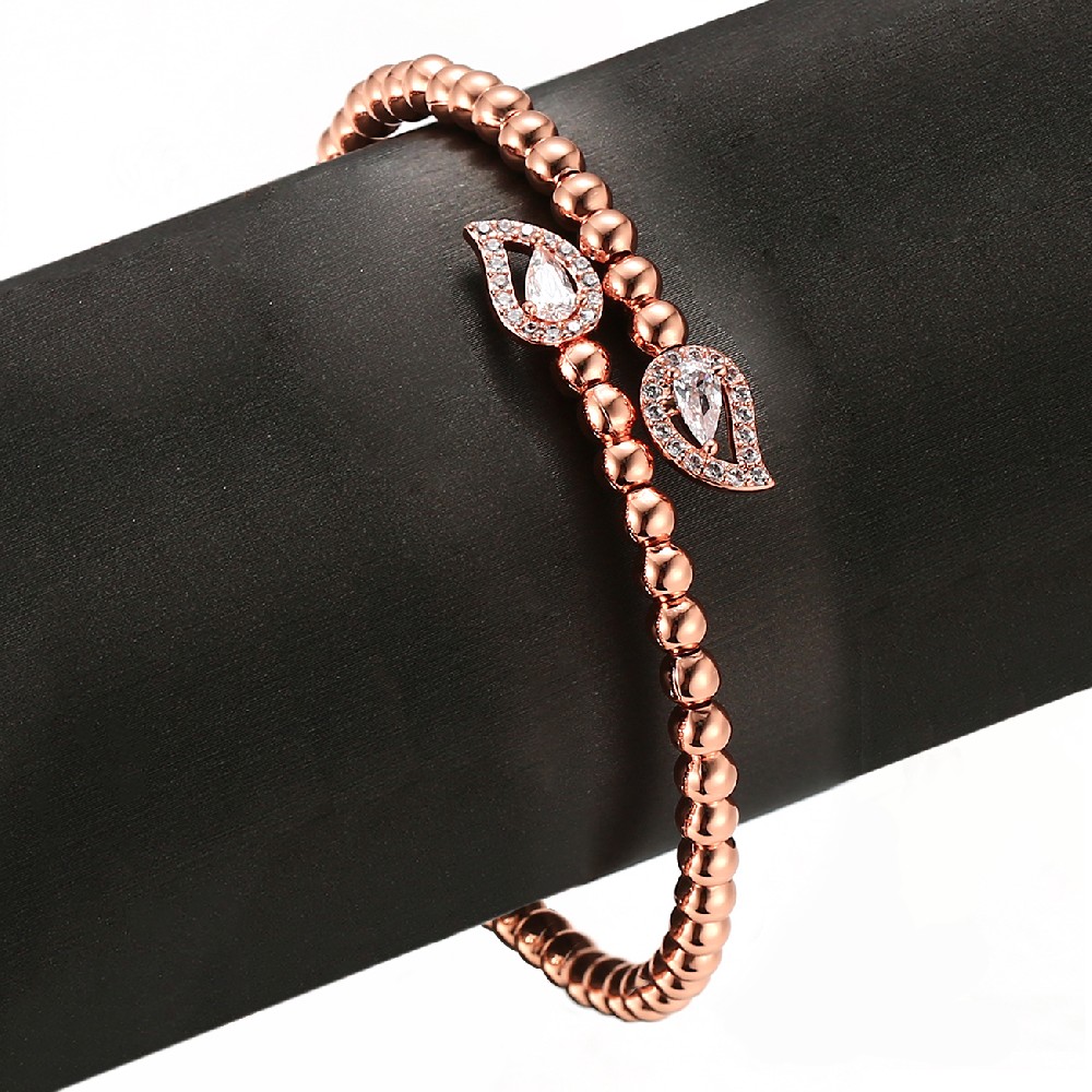 Leaf Shape Rose Gold Color Brass Bead Zircon Bangle FJ026116H
