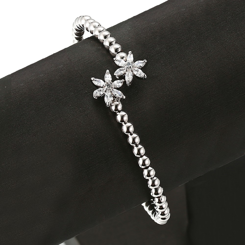 Brass Bead CZ Flower Rhodium Plated Bracelet Bangle FJ026123H