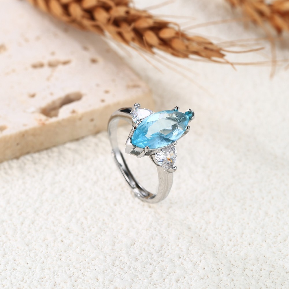 Fine Jewelry Sky Blue Stone Zircon 925 Silver Adjustable Finger Ring for Women FJ024922R