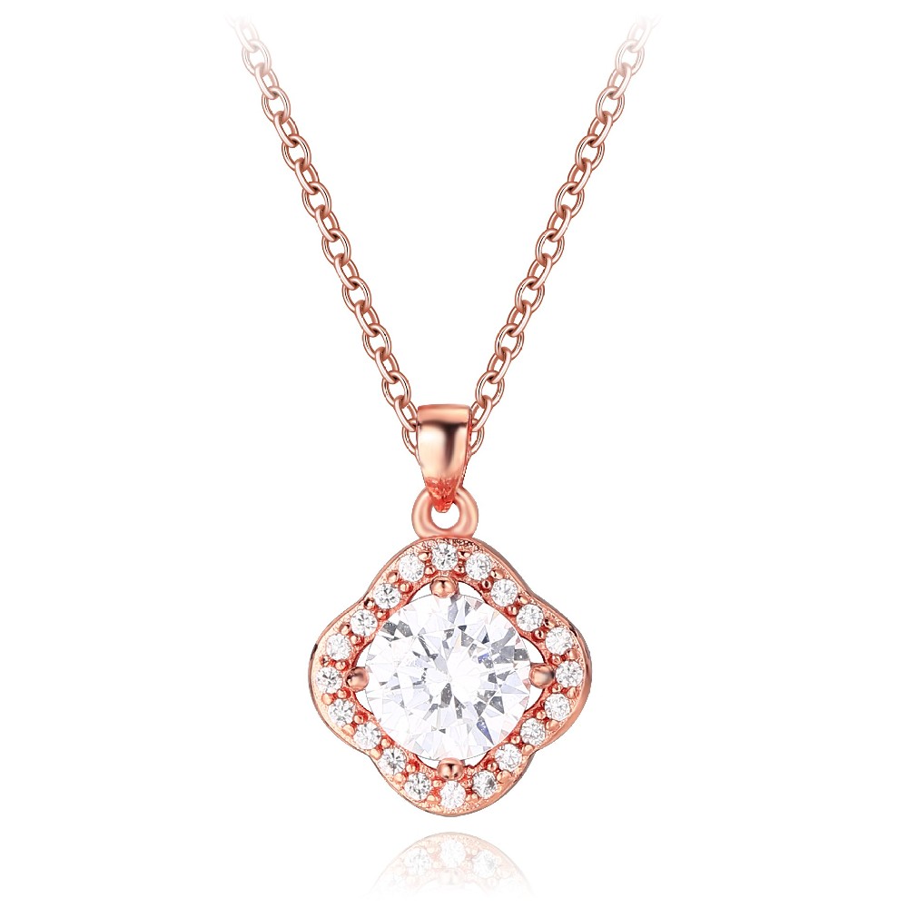 S925 Silver Rose Gold Plated Color Cubic Zirconia Link Chain Clover Pendant Necklace FJ022077N