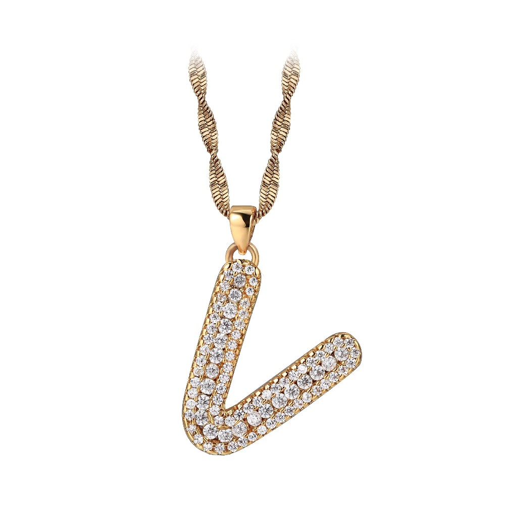 Gold Plated Letter V Zircon Necklace