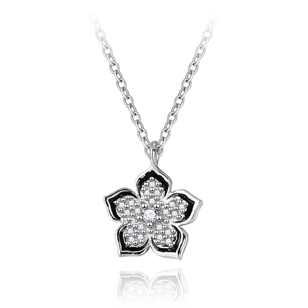 Rhodium Plated Color Fine Jewelry Black Enamel Flower Zircon Pendant Necklace FM022933N
