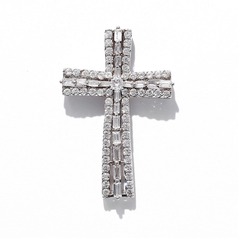 Baguette Zircon Rhodium Plated Cross Pendant