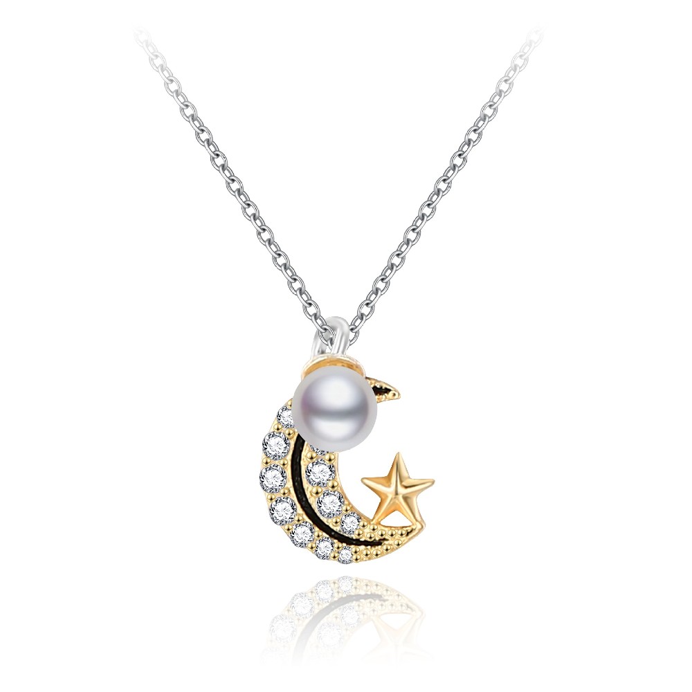 Black Enamel Zircon 2 Tone Color Silver Moon Star Pendant Necklace for Women FM022887N001
