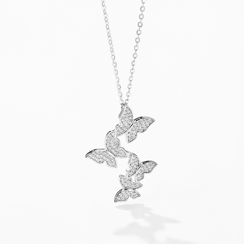 Fashion Zircon 925 Sterling Silver Butterfly Pendant Necklace FM022879N