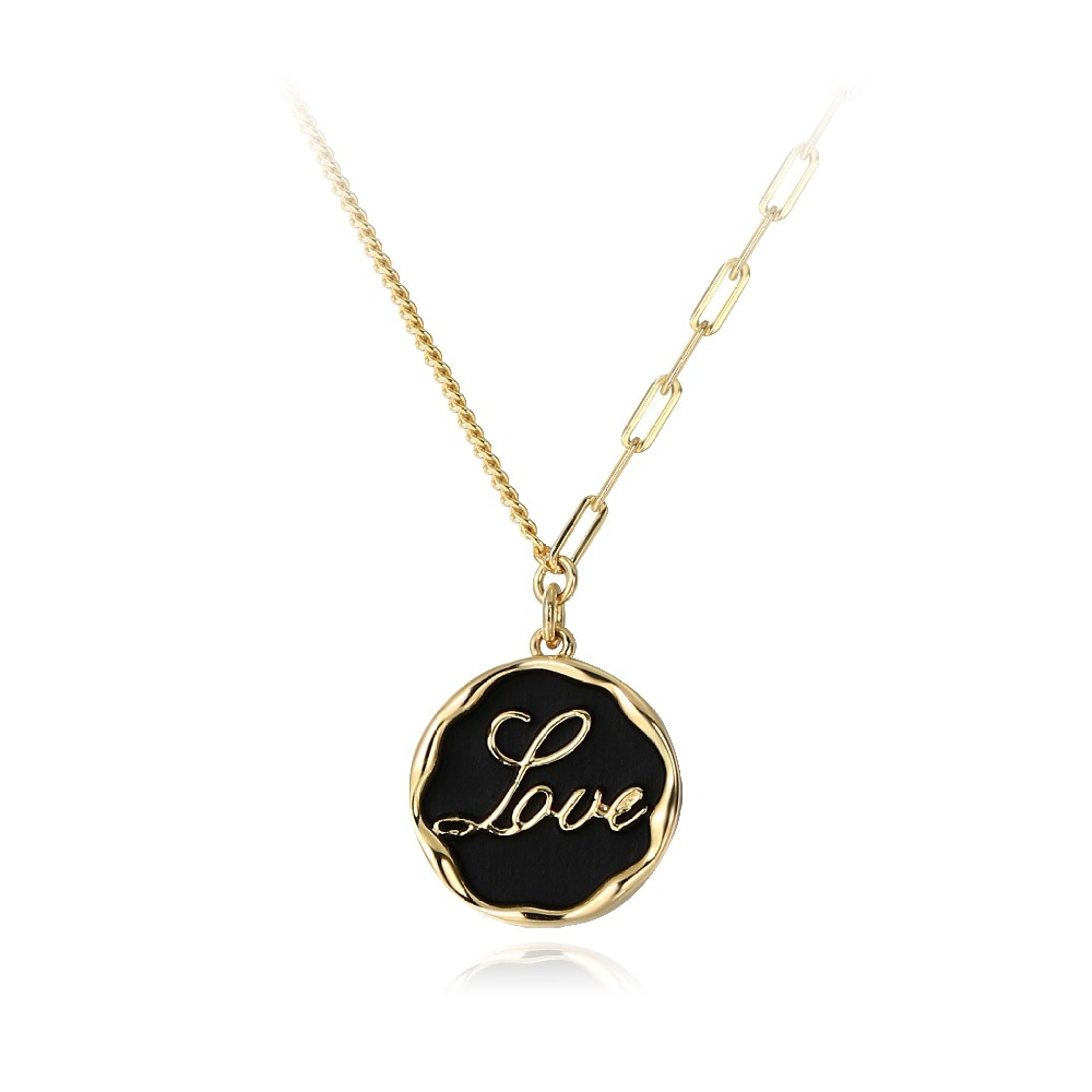 14K Gold Plated Color LOVE Letter Black Enamel 925 Sterling Silver Necklace FM022952N