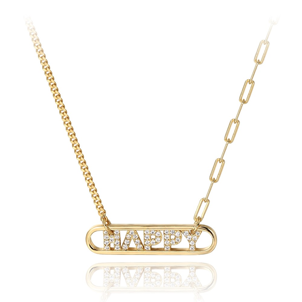 14k Gold Plated Metal 925 Sterling Silver Cubic Zirconia HAPPY Choker Necklace FM022906N