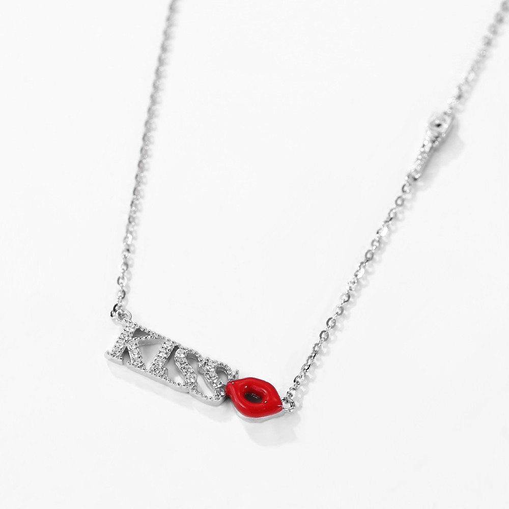 Fashion Jewelry KISS Zircon Enamel Lip Link Chain 925 Silver Necklace FM022903N