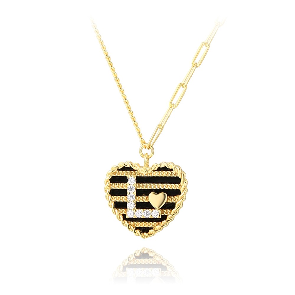 Fashion 14k Gold Plated Black Enamel Letter Heart 925 Silver Necklace FM022900N