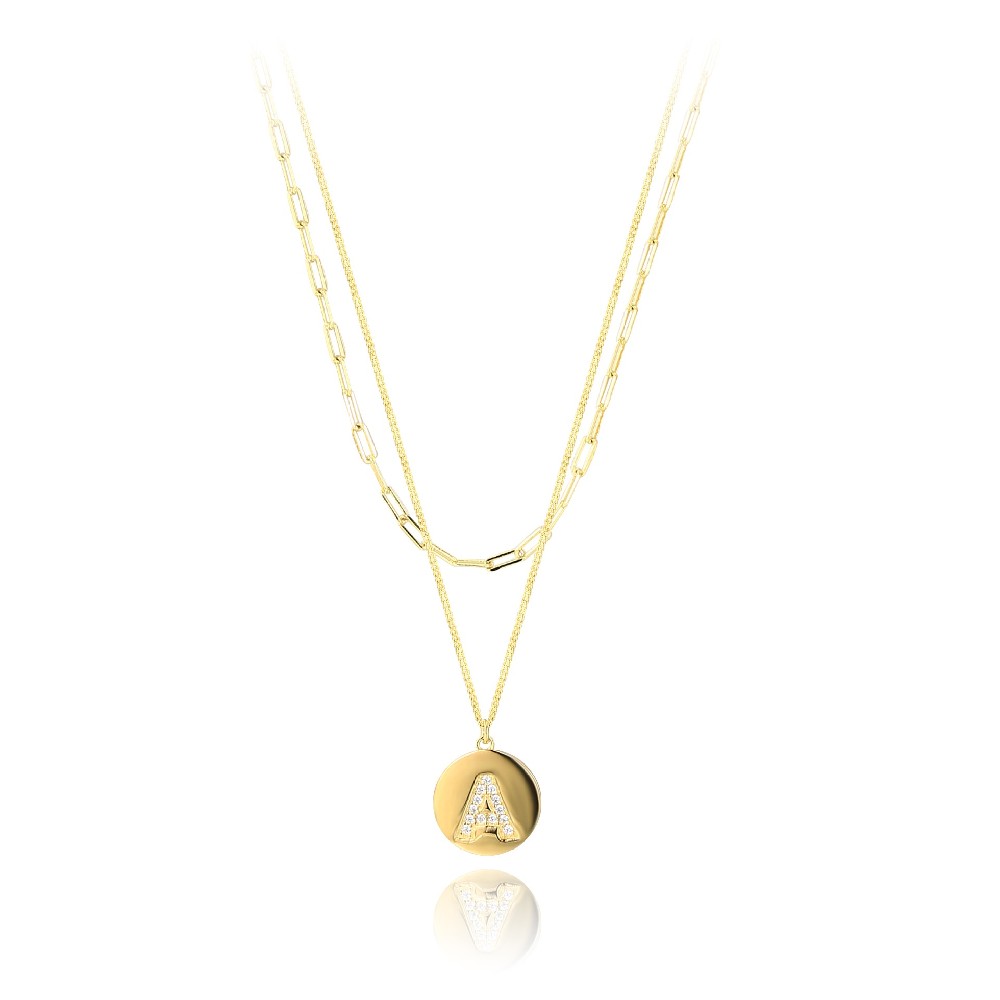 Fashion 14k Gold Plated Layered Intitial Letter Pendant Silver Necklace with Zircon FM022944N