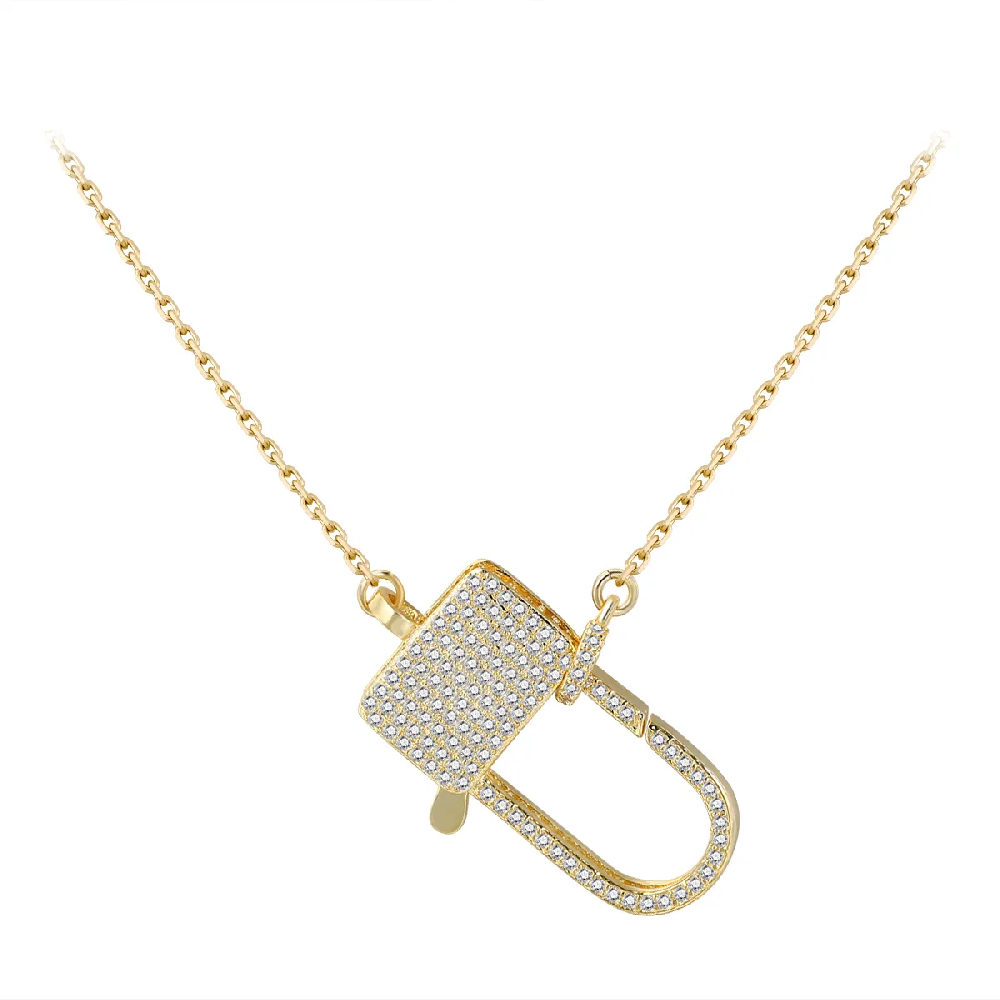 Lock Pendant 14K Gold Plated Zircon Fashion Jewelry Women Necklaces FJ019403N