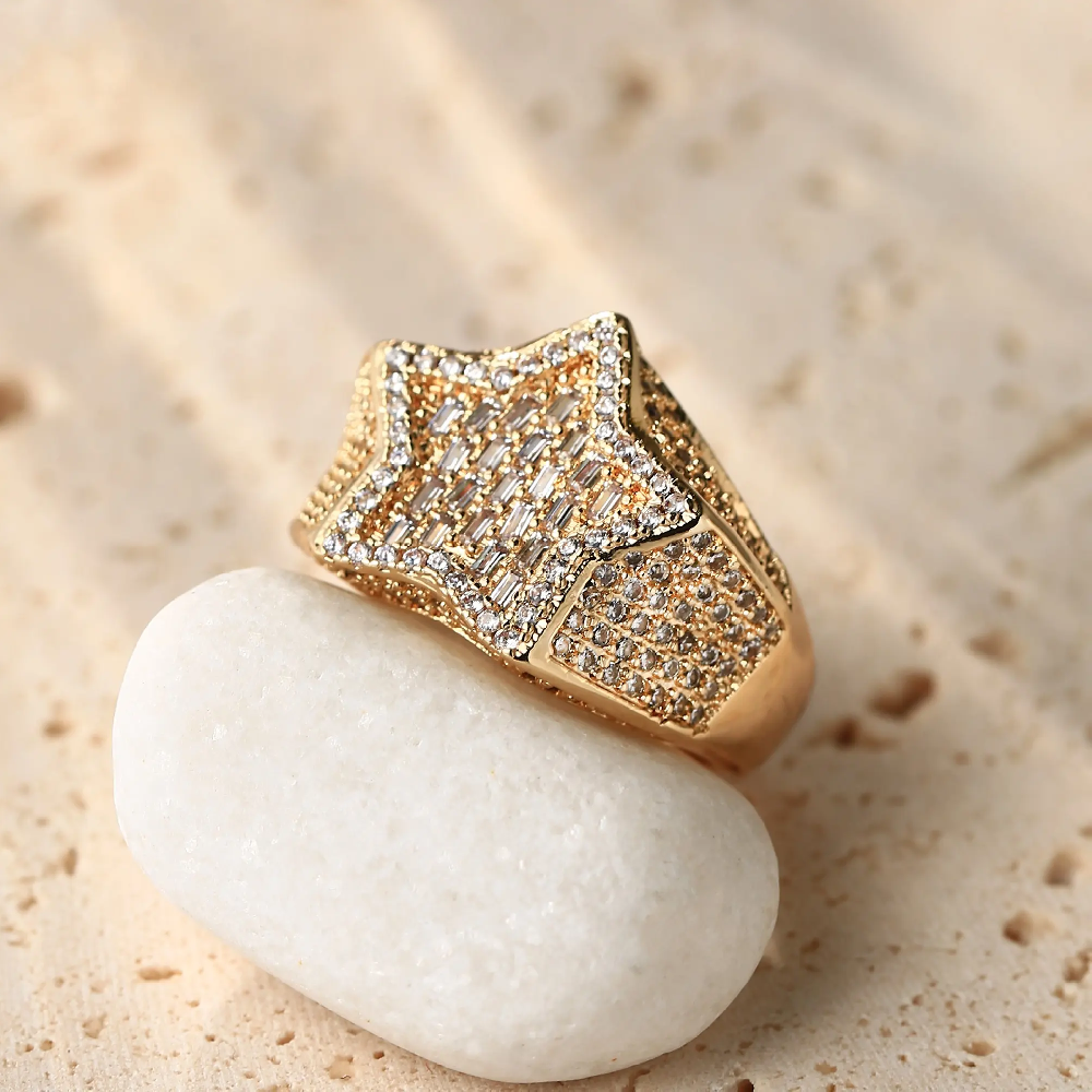 Fashion Jewelry Hip Hop Style Custom Gold Plated Zircon Star Big Brass Finger Ring