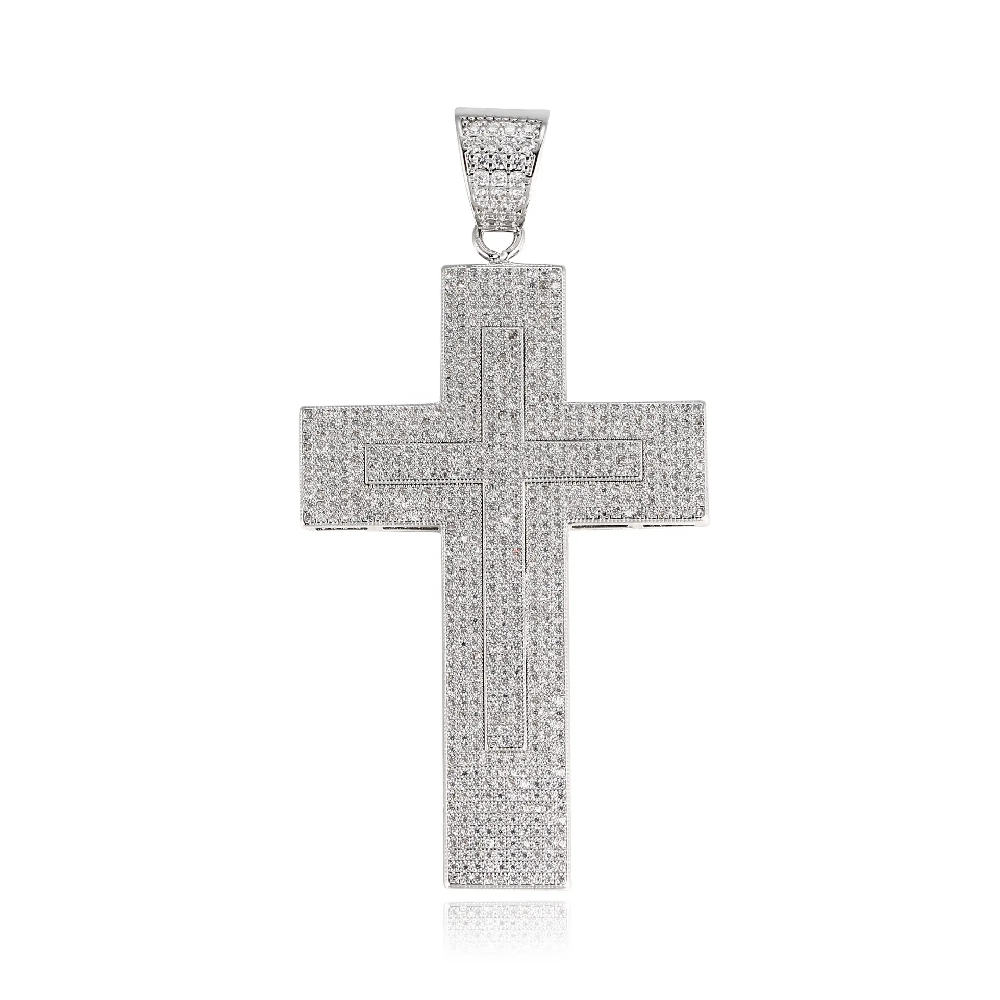 925 Silver Zircon Iced Out Religion Christian Cross Pendant Men FJ025849N