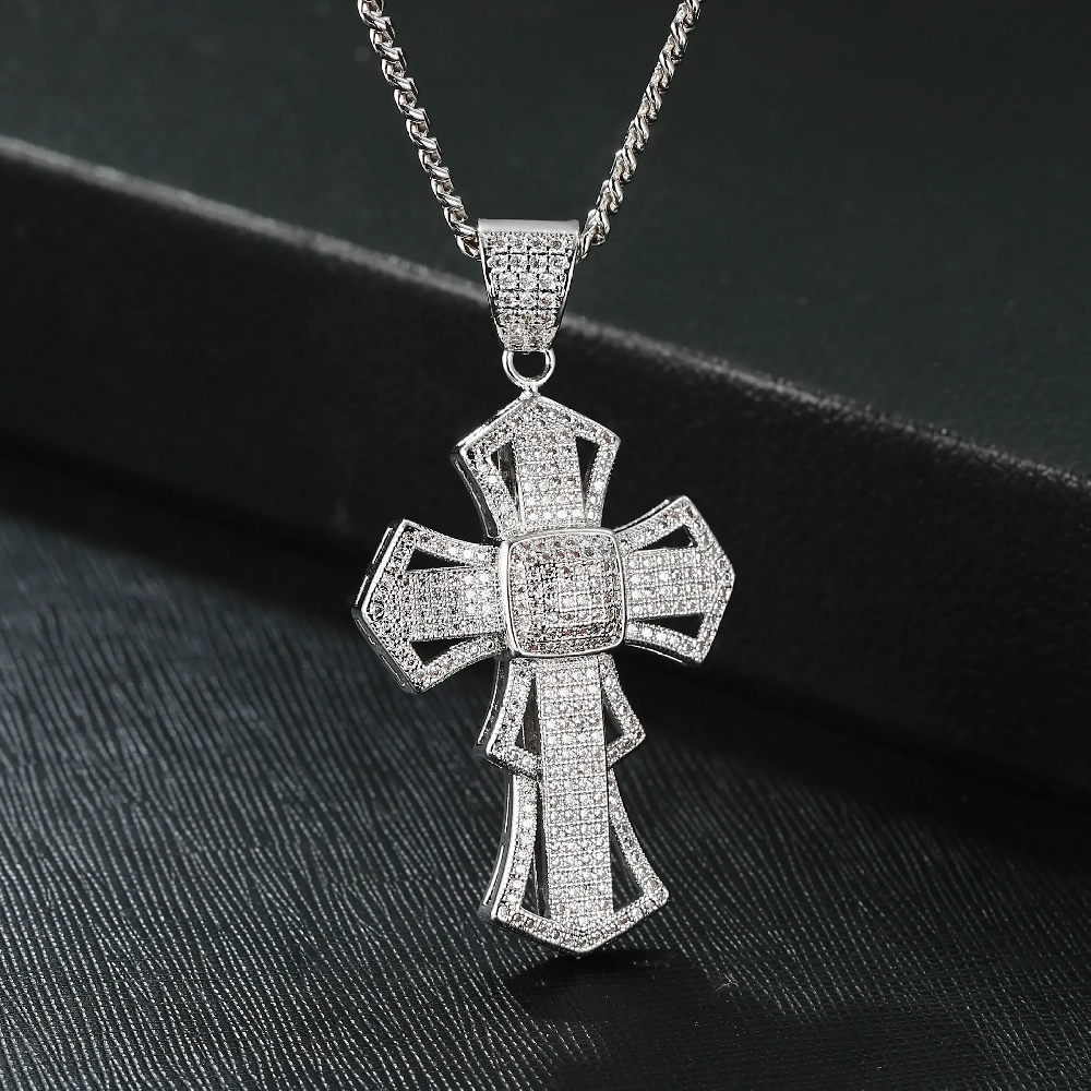 Religious Rhodium Plated Cross Zircon Pendant FJ025857N