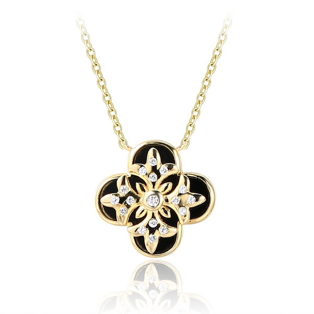 14K Gold Plated Color Black Enamel Cubic Zirconia Sterling Silver Clover Pendant Necklace for Women FM022806N