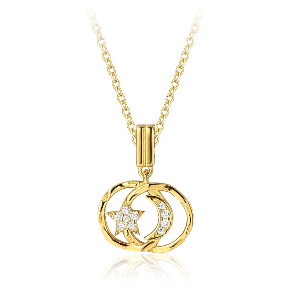 Fashion Design Cubic Zirconia 14K Gold Plated 925 Sterling Silver Moon Star Pendant Necklace Women FM022807N