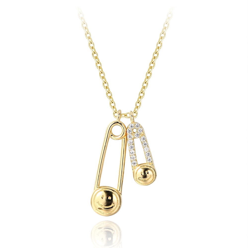 Stylish 14k Gold Plated Cubic Zirconia Smiley Safety Pin Necklace for Women FM022808N