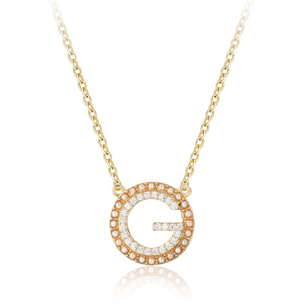 Gold Plated 925 Silver Zirconia Pearl Initial Necklace Letter G FM022807N