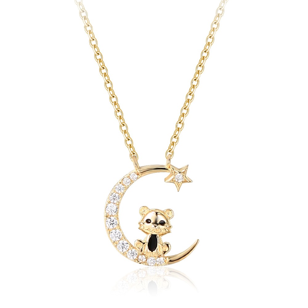 Cute Animal 925 Sterling Silver Black Enamel Cat Gold Plated Zircon Pendant Necklace FM022849N