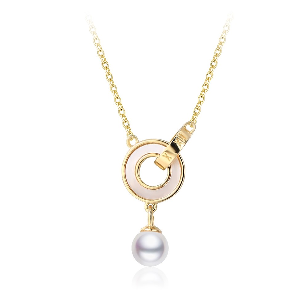 Fashion 14k Gold Plated 925 Silver Shell Pearl Roman Numbers Necklace FM022853N