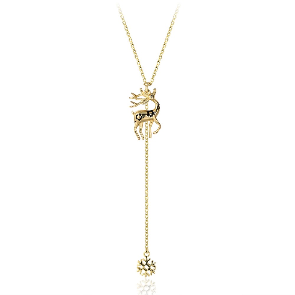 14K Gold Plated Silver 925 Snowflake Black Enamel Reindeer Christmas Necklace FM022864N