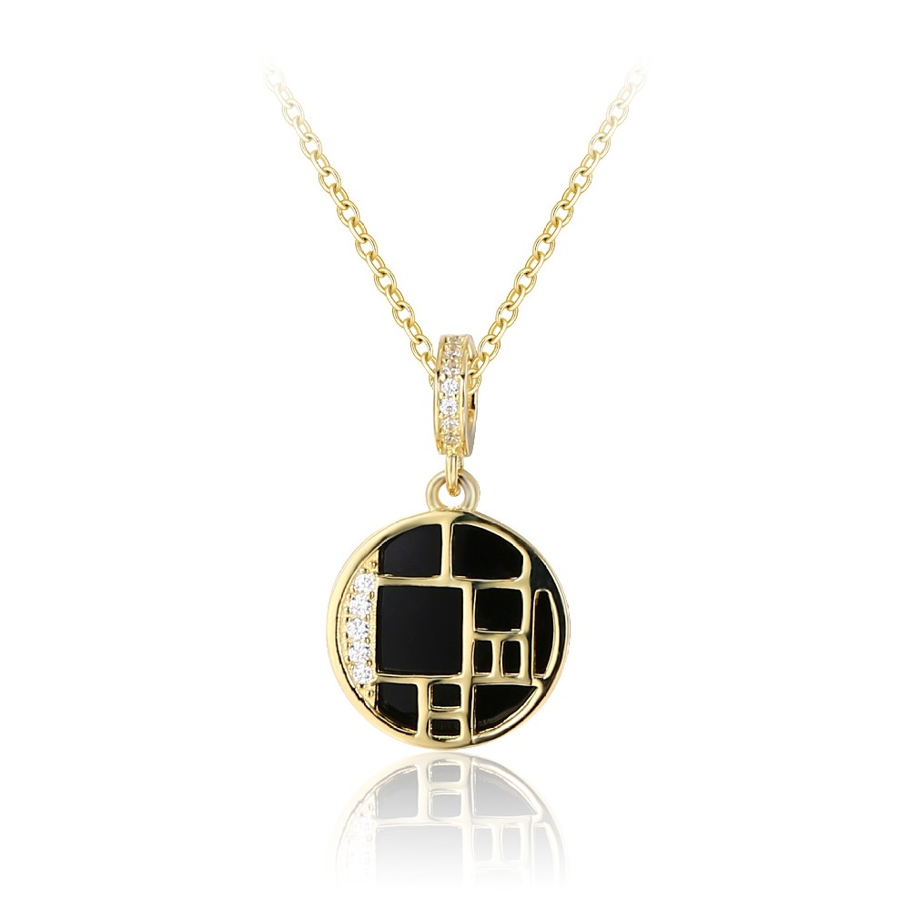 14k Gold Plated Geometric Black Enamel 925 Silver Jewelry Necklace for Women FM022889N