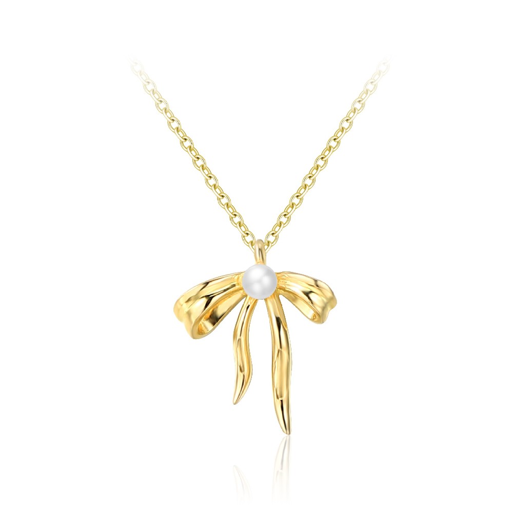 Cute Style 14k Gold Plated Sterling Silver 925 Pearl Bow Pendant Necklace FM022908N