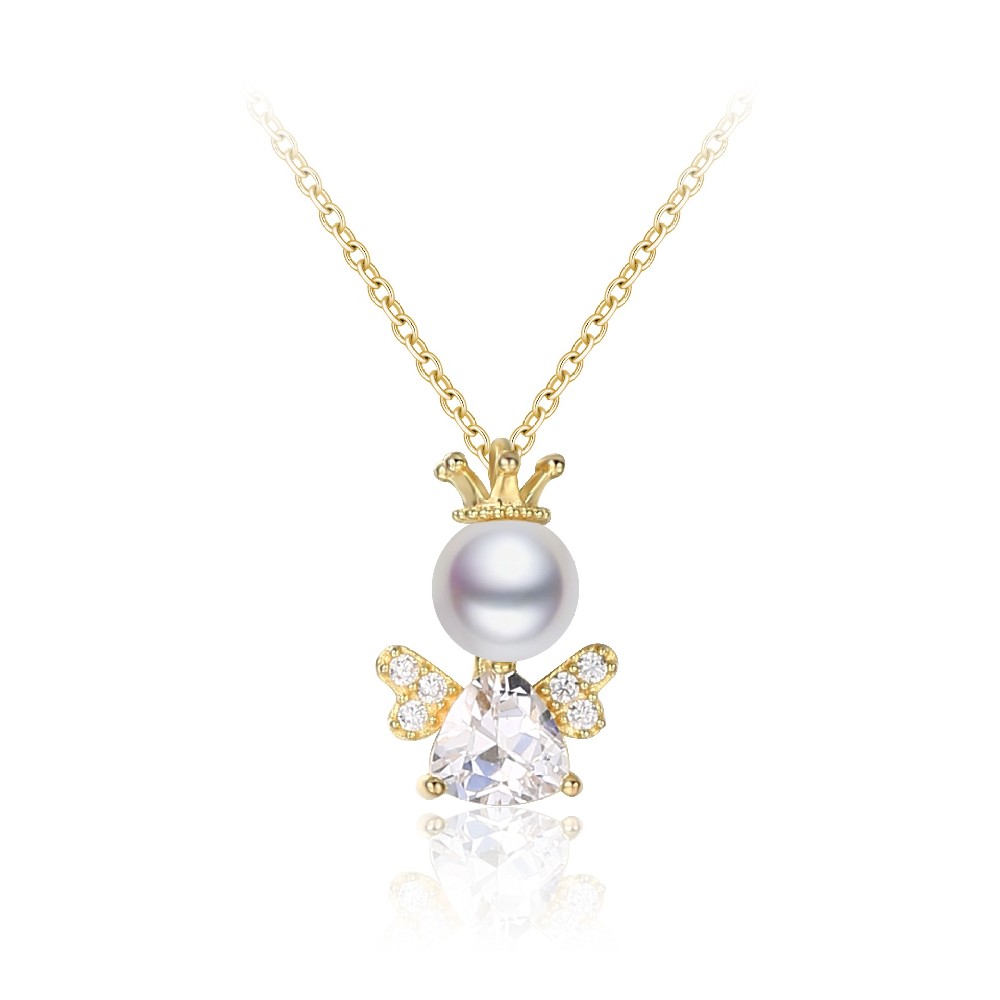 Cute Design 925 Sterling Silver Cubic Zircon 14k Gold Plated Angel Wing Pendant Necklace for Women Girls FM022913N
