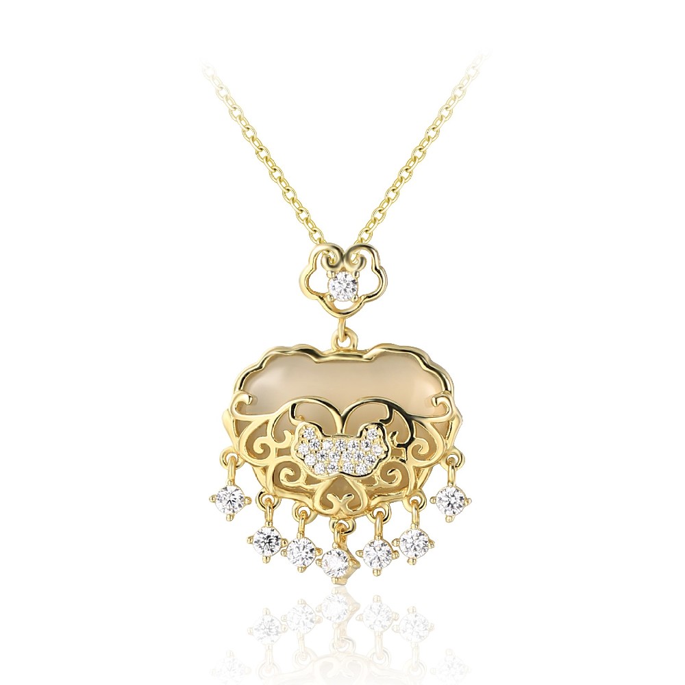 Wholesale 14k Gold Plated 925 Sterling Silver Zircon Gemstone Chinese Lucky Lock Jewelry Necklace for Women FM022920N